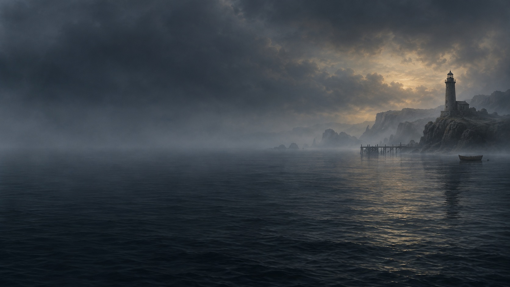 A lighthouse watches over the calm, mist-covered Harbor at dusk
