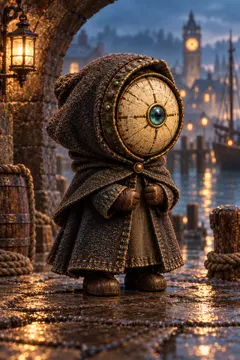 The Timekeeper, a small cloaked figure with an antique clock face